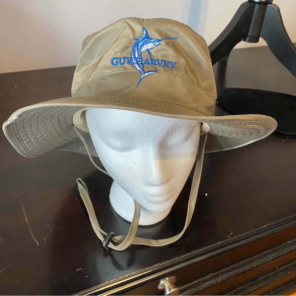 Guy Harvey Khaki Wide Brim Hat with Blue Marlin Embroidery